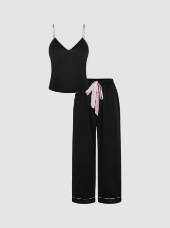 Satin Contrasting Trim Lounge Tank Top & High Waist Pants Set