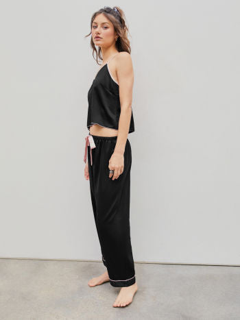 Satin Contrasting Trim Lounge Tank Top & High Waist Pants Set