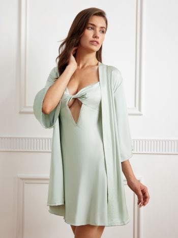 Satin Cowl Neck Criss Cross Backless Twist Cami Slip Nightdress & Belted Robe