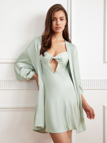 Satin Cowl Neck Criss Cross Backless Twist Cami Slip Nightdress & Belted Robe