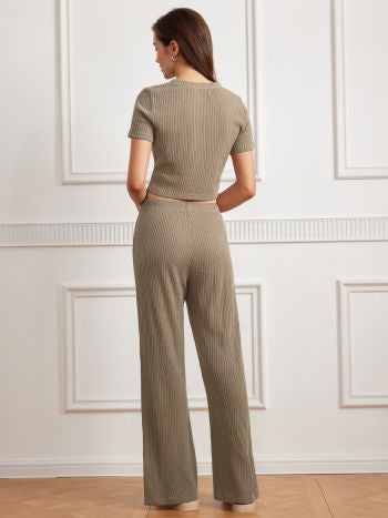 Round Neckline High Waist Stripe Loungewear Set