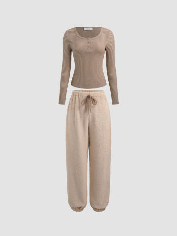 Round Neck Button Top & High Waist Fleece Pants Lounge Set