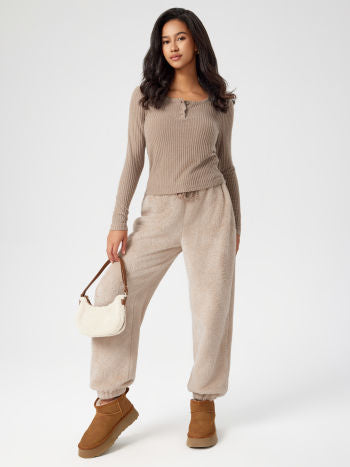 Round Neck Button Top & High Waist Fleece Pants Lounge Set