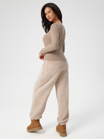 Round Neck Button Top & High Waist Fleece Pants Lounge Set