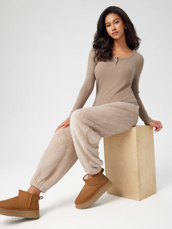 Round Neck Button Top & High Waist Fleece Pants Lounge Set