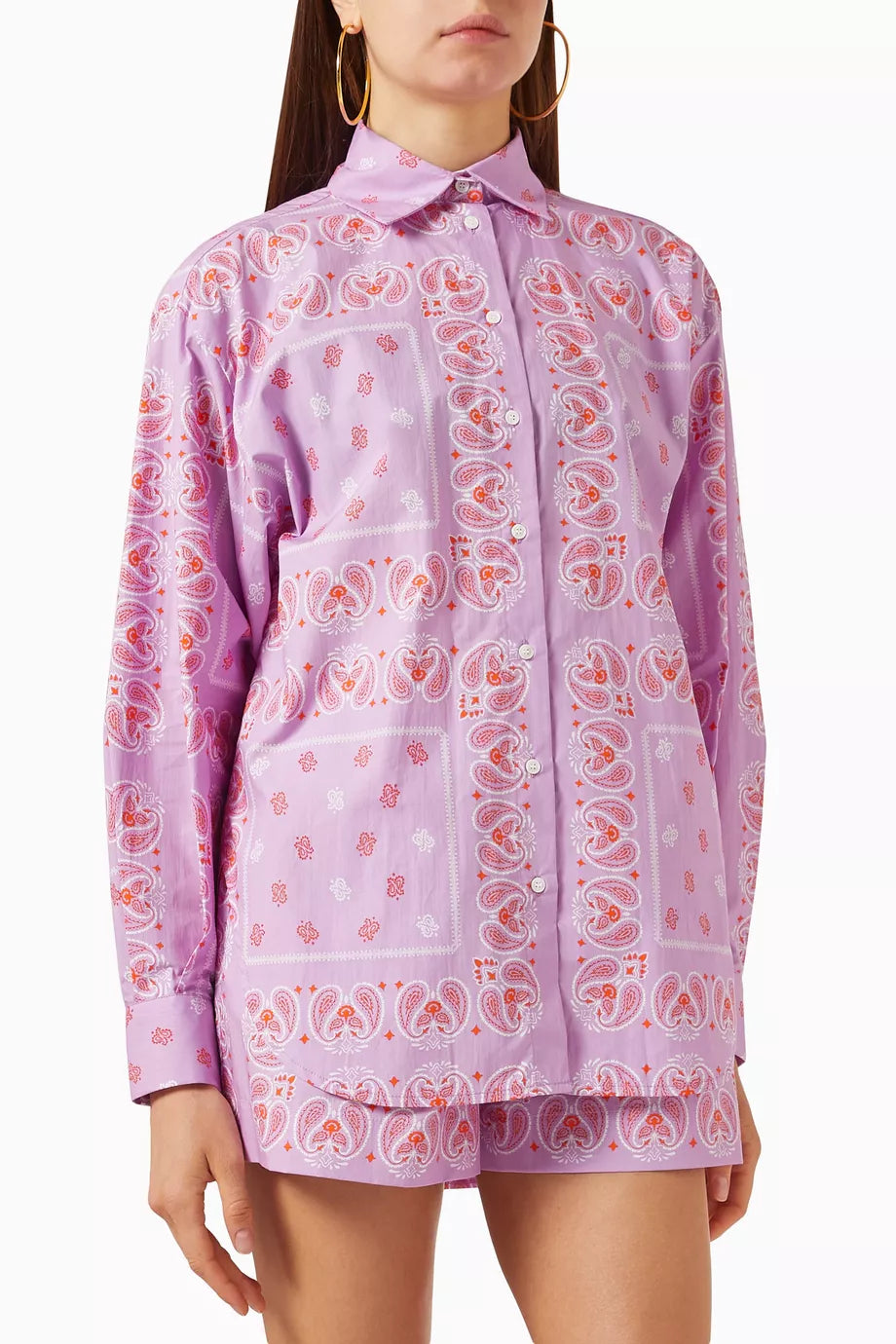 Printed Pink Set Long Sleeve Blouse and Shorts