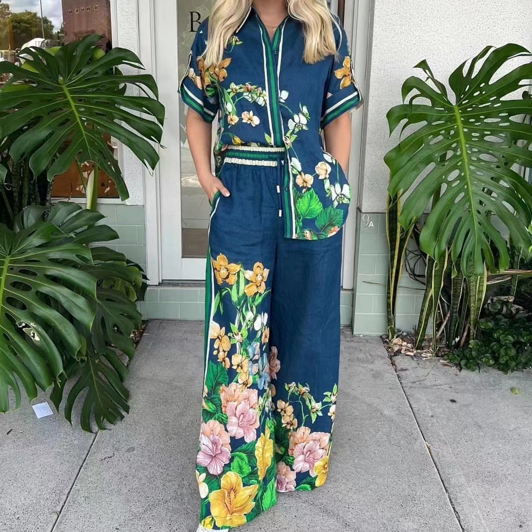 Women Flower Printed Short Sleeve Blouse and Waist Wide Leg Long Pants