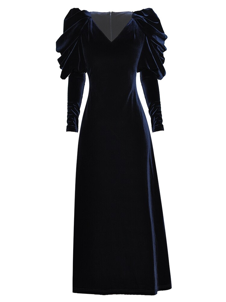 Long Puff Sleeve Slim Velvet Dress