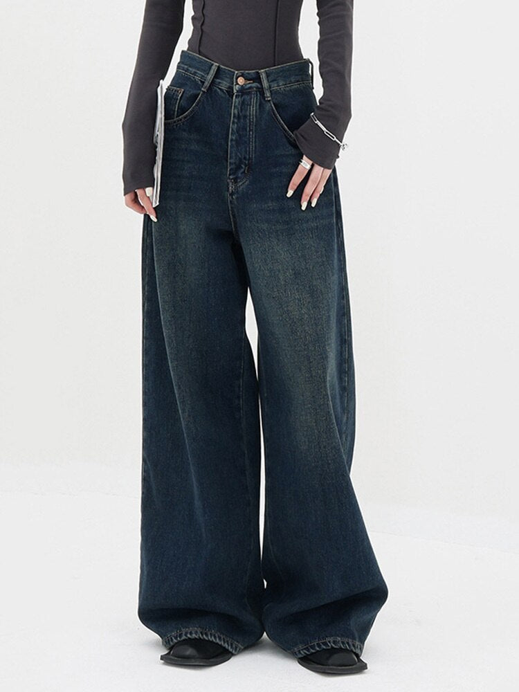 High Waist Blue Denim Wide Leg Jeans