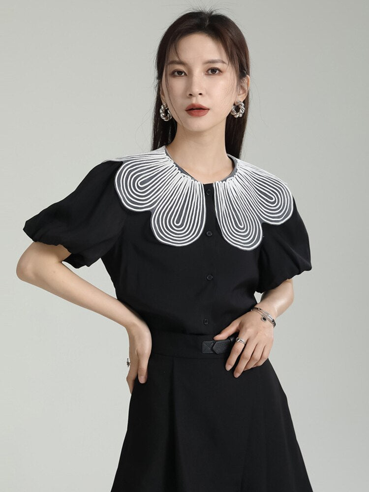 White Pleated Color-block Short Puff Sleeve