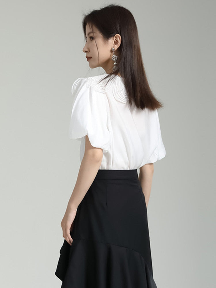 White Pleated Color-block Short Puff Sleeve