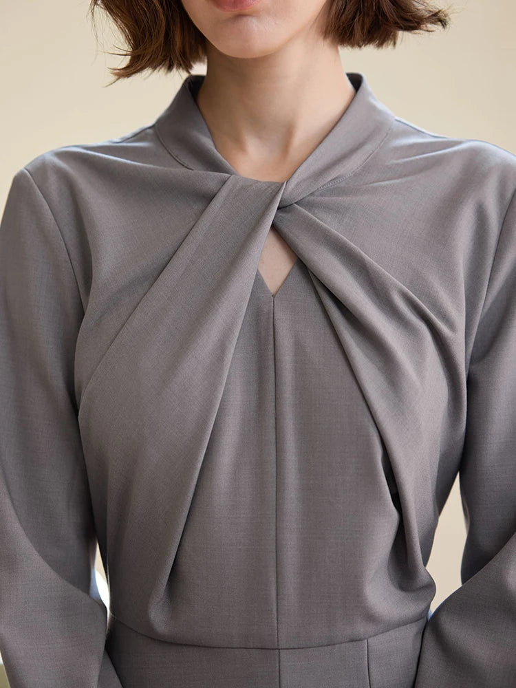 Midi Dress O Neck Long Sleeve  - Gray