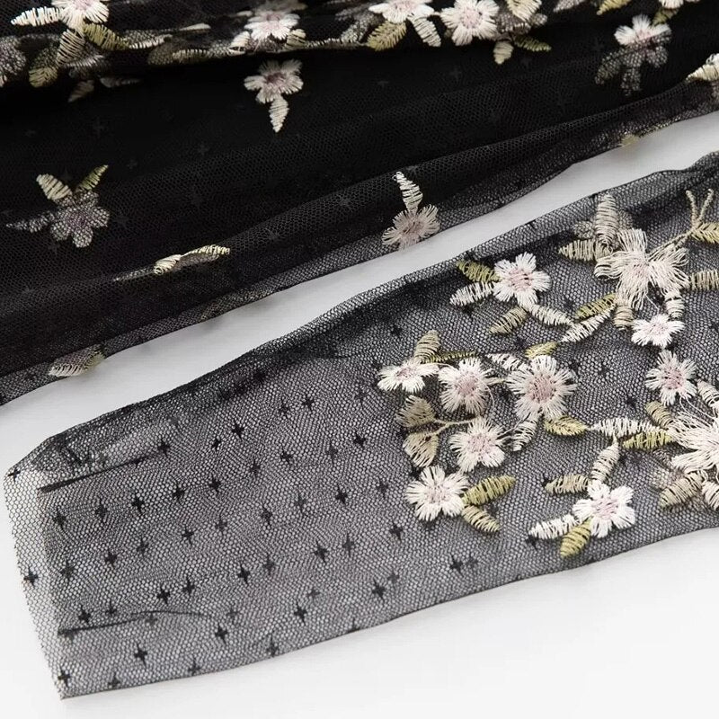 Long sleeve Flower Embroidery Mesh Black Dress