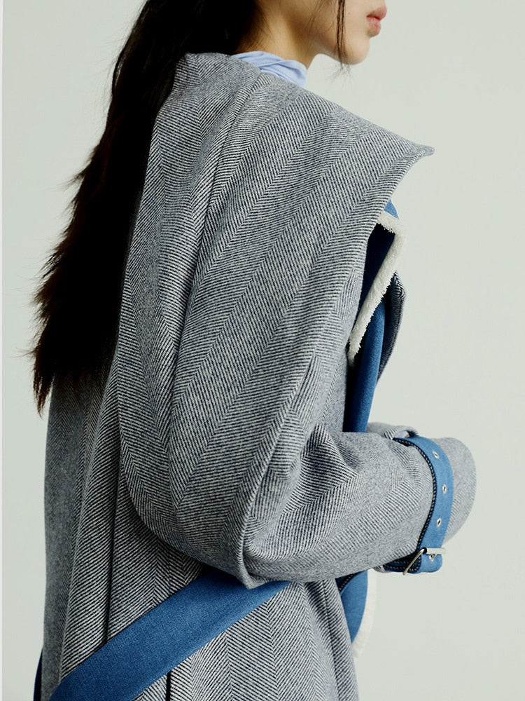 Gray Color-block Burr Woolen Coat