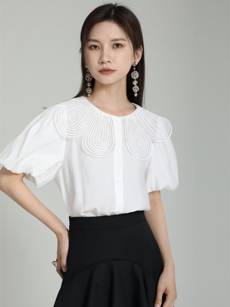 White Pleated Color-block Short Puff Sleeve