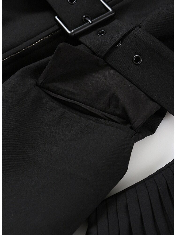 Women Black Pleated Belt Blazer Long Sleeve