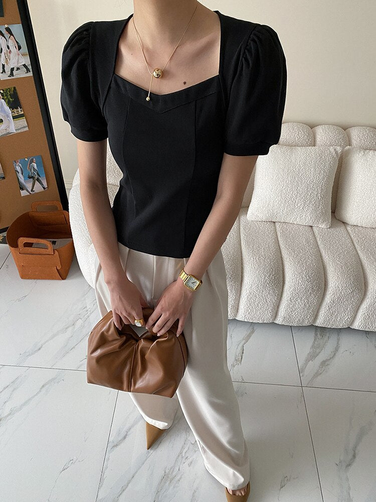 Women Black T-shirt Puff Sleeve