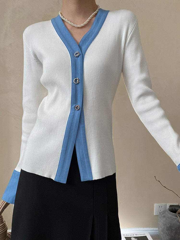 Cardigan Sweater - White - Blue