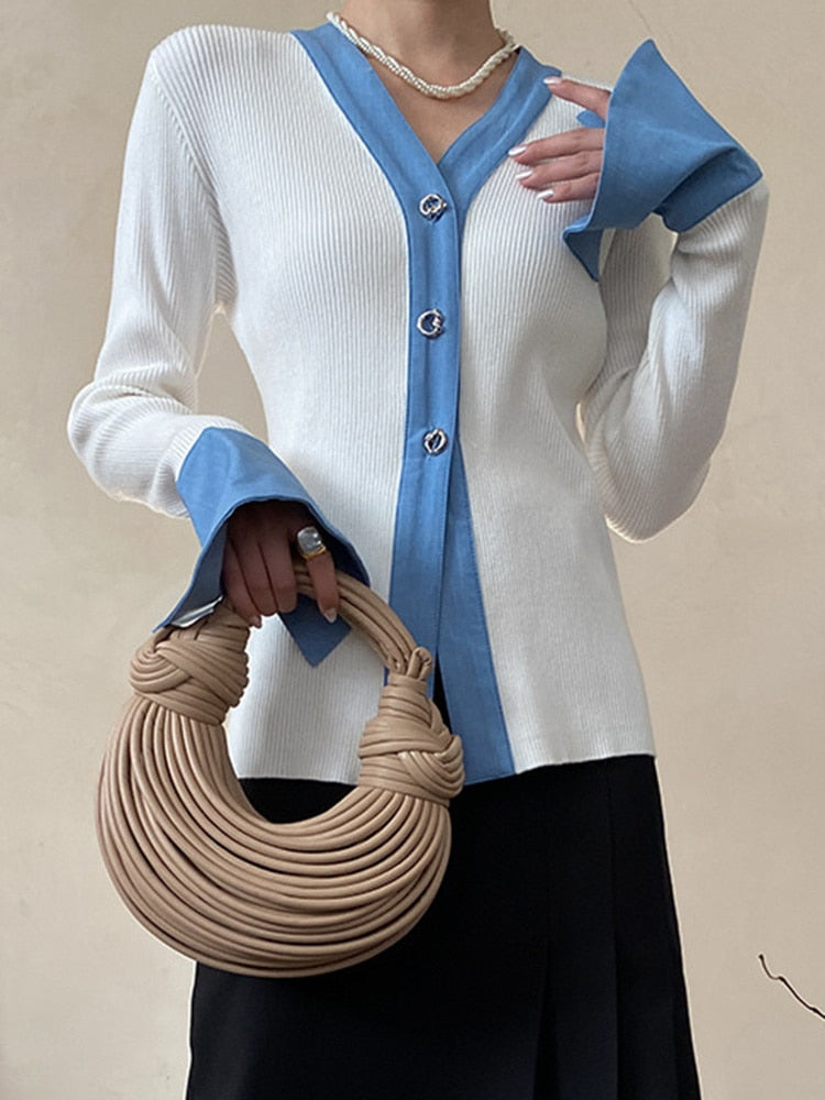 Cardigan Sweater - White - Blue