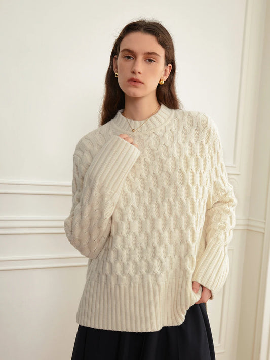 White Wool Round Neck Pullover Sweate