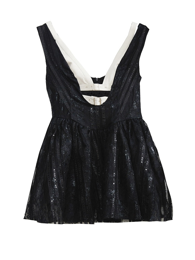 Black Buckle Lace Short Dress