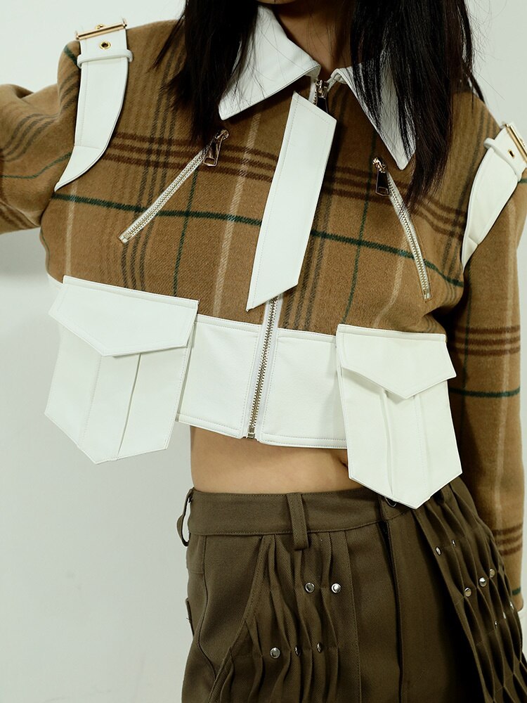 Brown Plaid Pockets  Jacket Long Sleeve