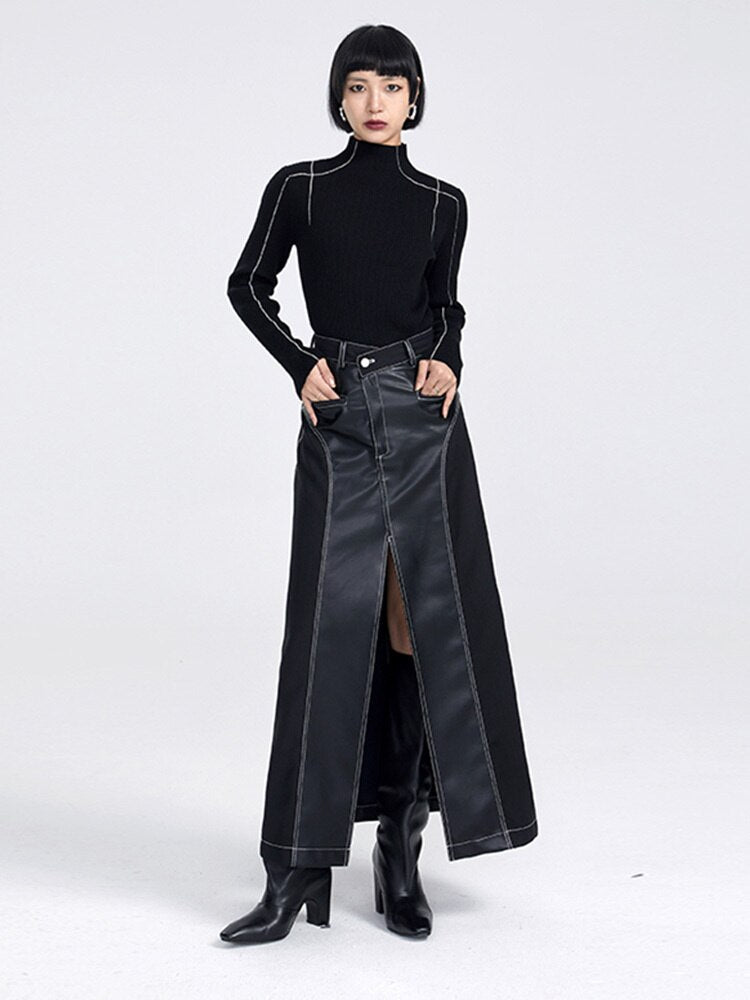 High Waist Leather Long Skirt - Black