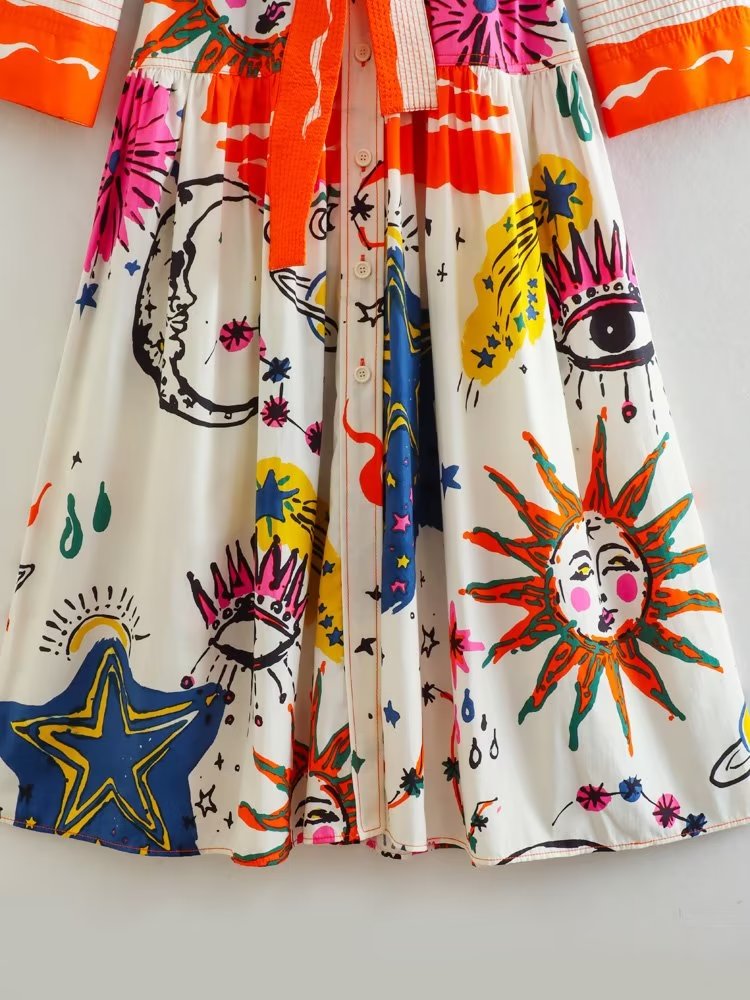 Print Color Midi Shirt Dress
