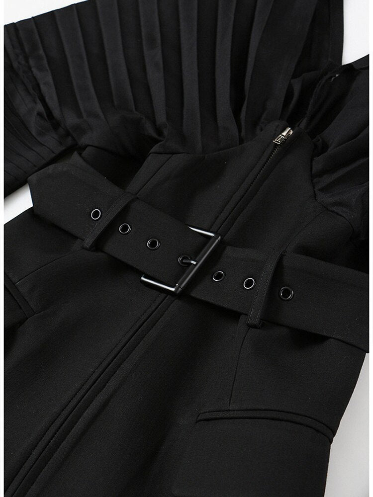 Women Black Pleated Belt Blazer Long Sleeve