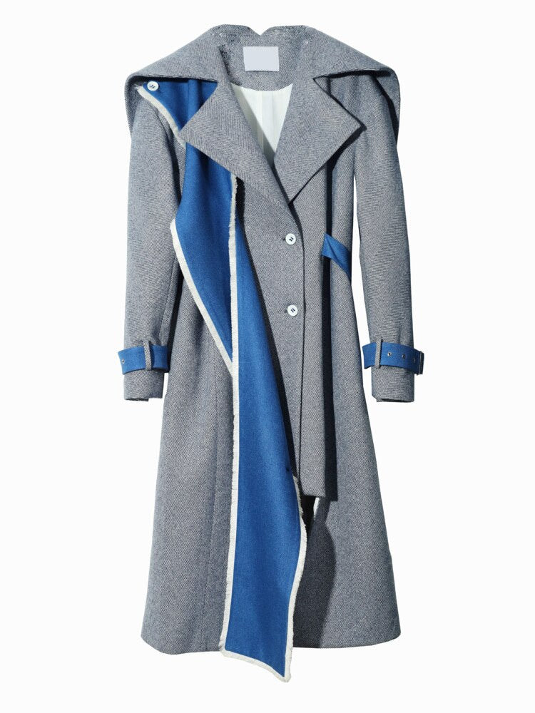 Gray Color-block Burr Woolen Coat