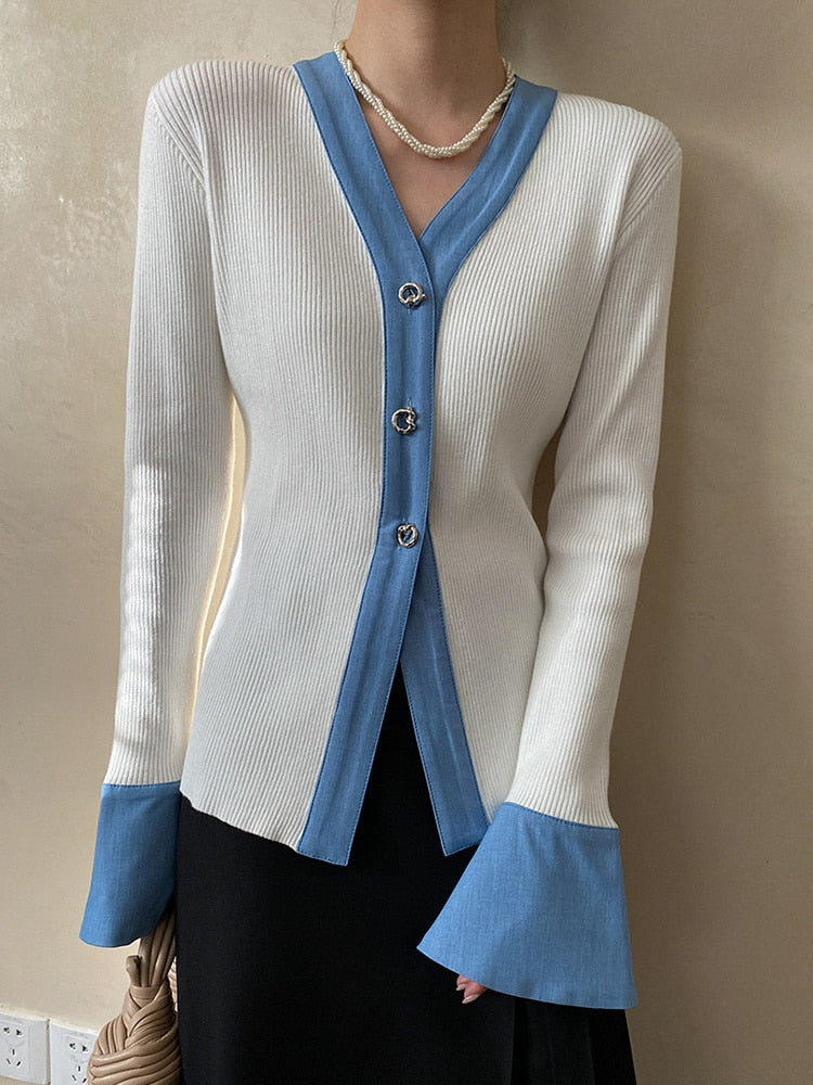 Cardigan Sweater - White - Blue