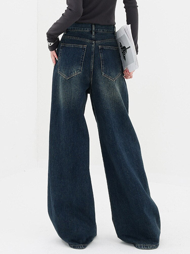 High Waist Blue Denim Wide Leg Jeans