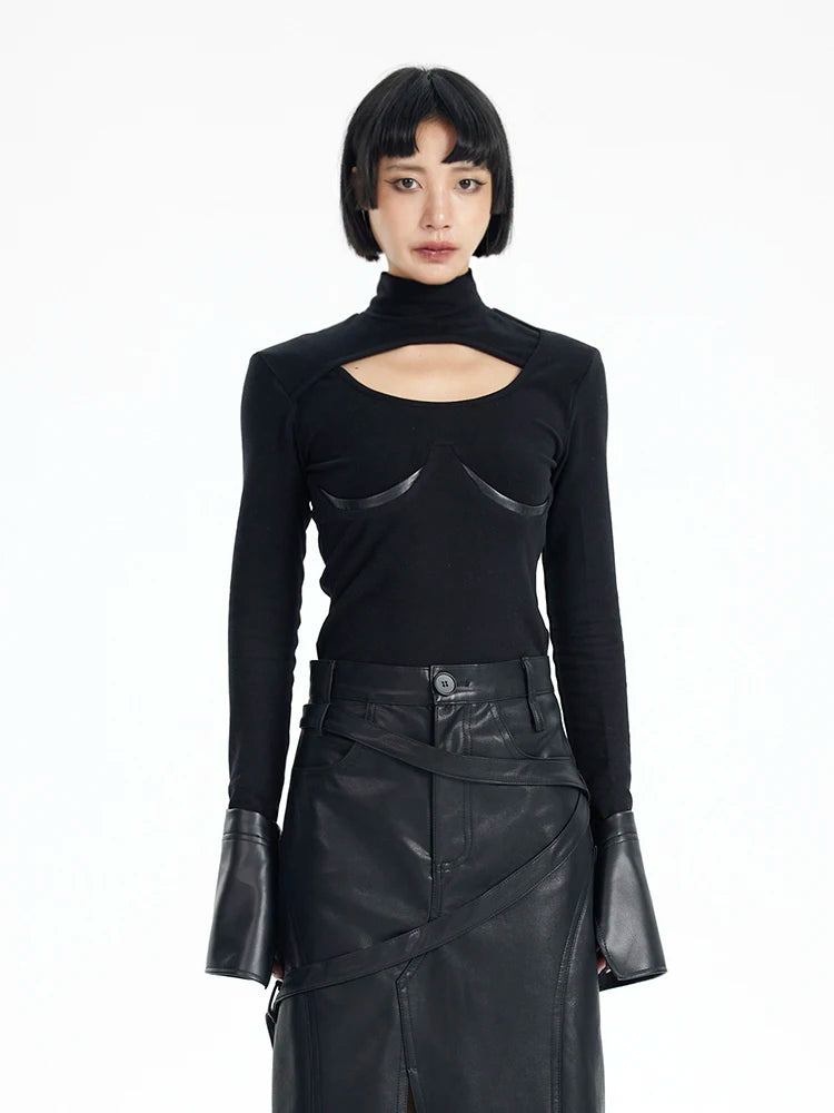 Leather Knitting Top - Black