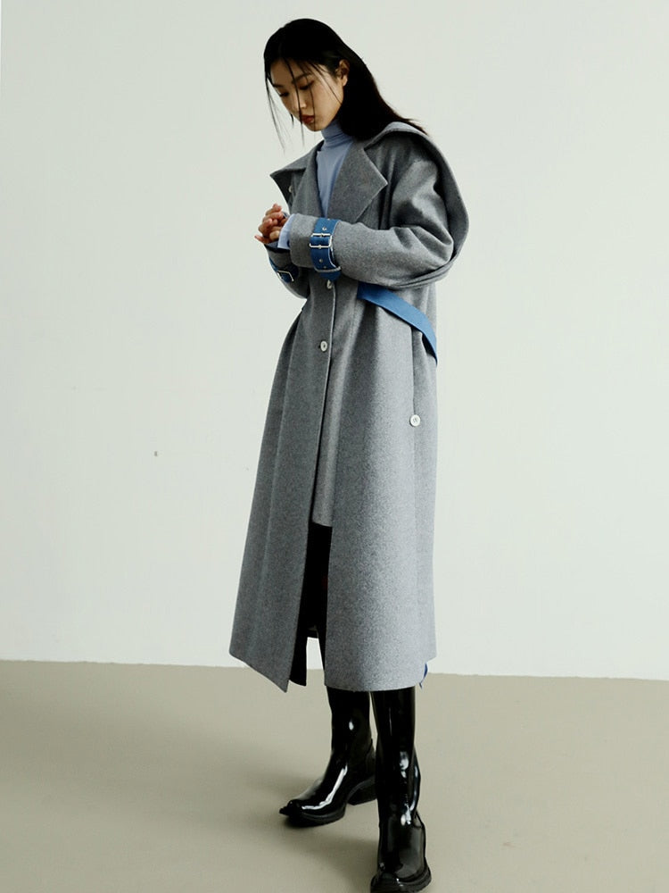 Gray Color-block Burr Woolen Coat