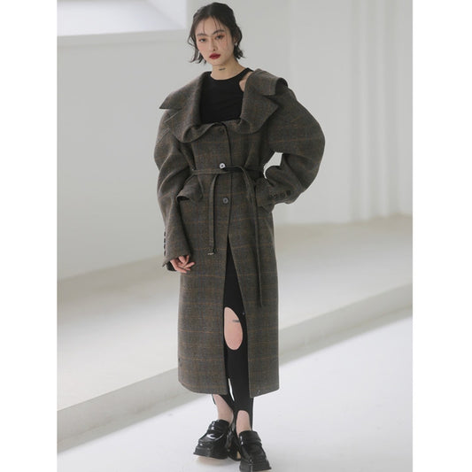 Brown Plaid Long Wool Coat