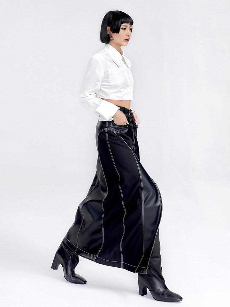 High Waist Leather Long Skirt - Black