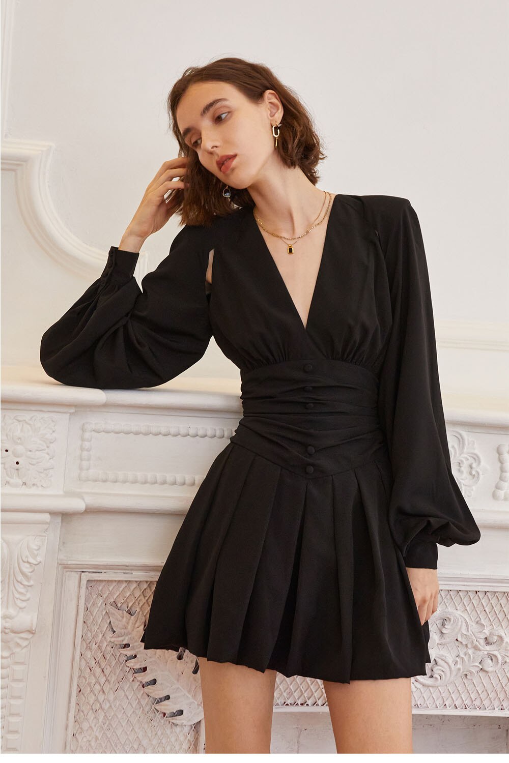 Puff Sleeve Short Dress - Black