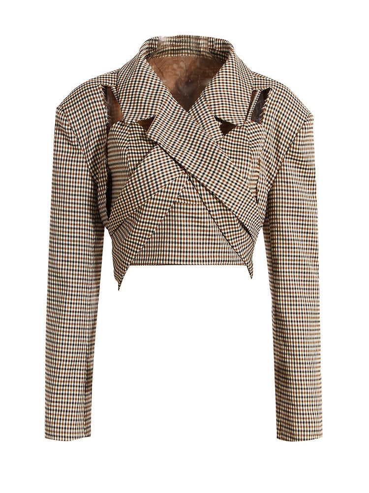 Women Khaki Plaid Short Blazer