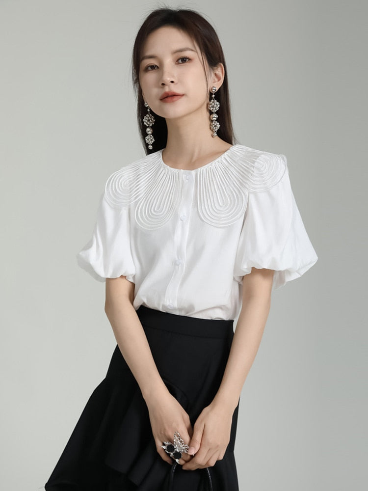 White Pleated Color-block Short Puff Sleeve