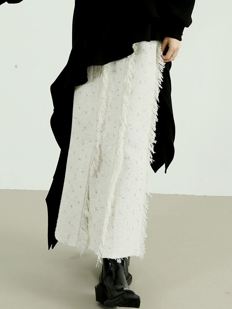 High Waist White Irregular Tassel Tweed Long Skirt