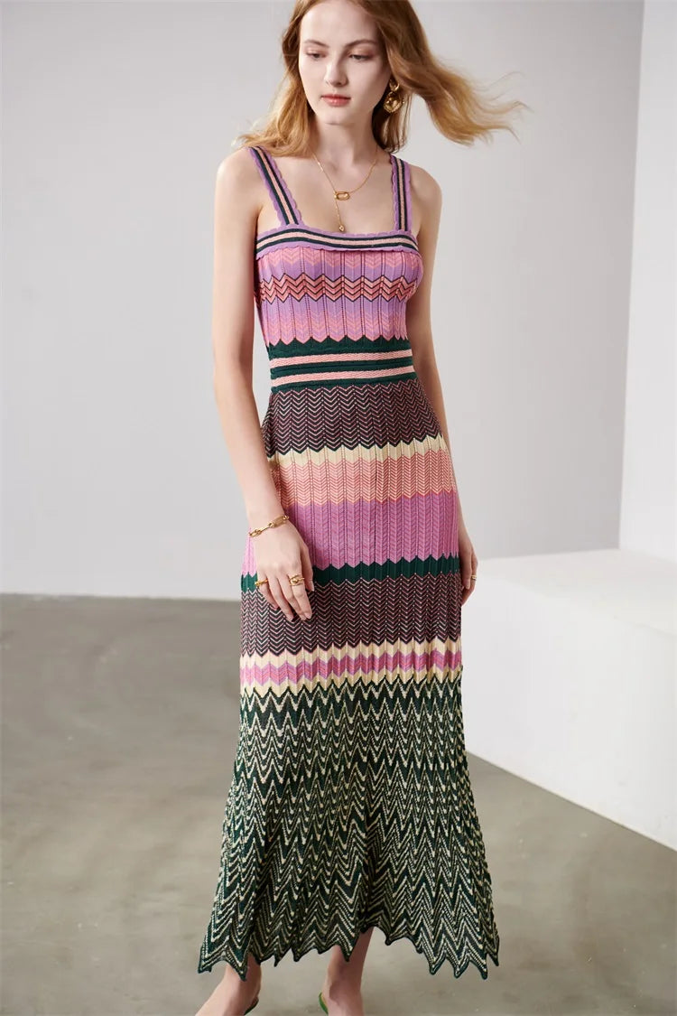 Knit Dres Sleeveless Slash Neck Colorful Midi