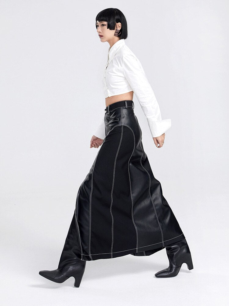 High Waist Leather Long Skirt - Black