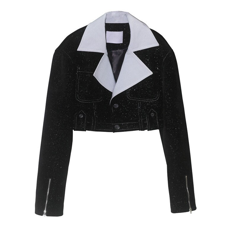 Black Color-block Bright Silk Short Jacket