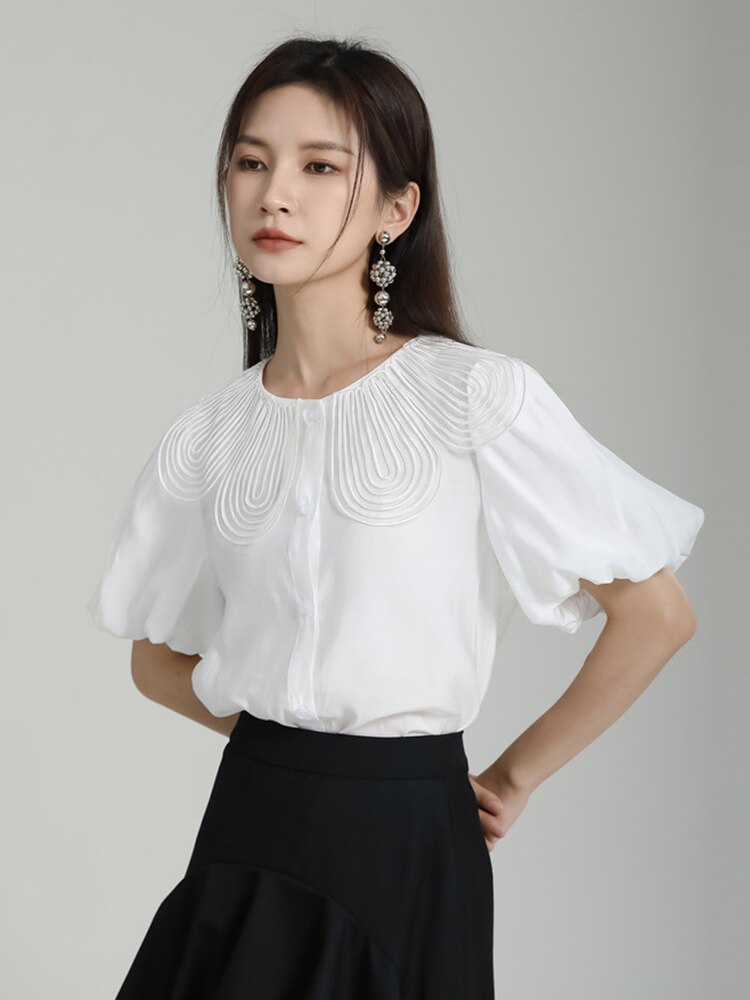 White Pleated Color-block Short Puff Sleeve