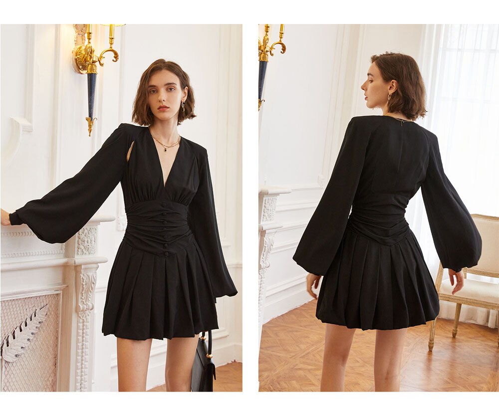 Puff Sleeve Short Dress - Black