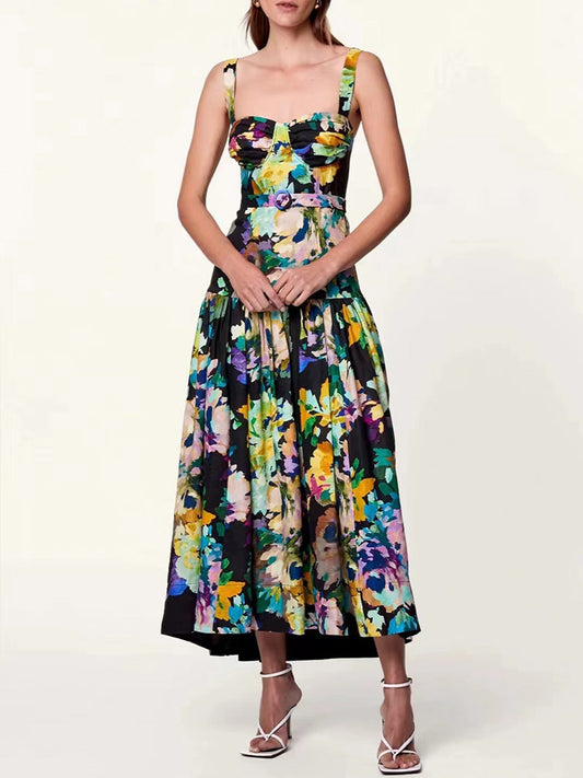 Flower Print With Belt Long Dress