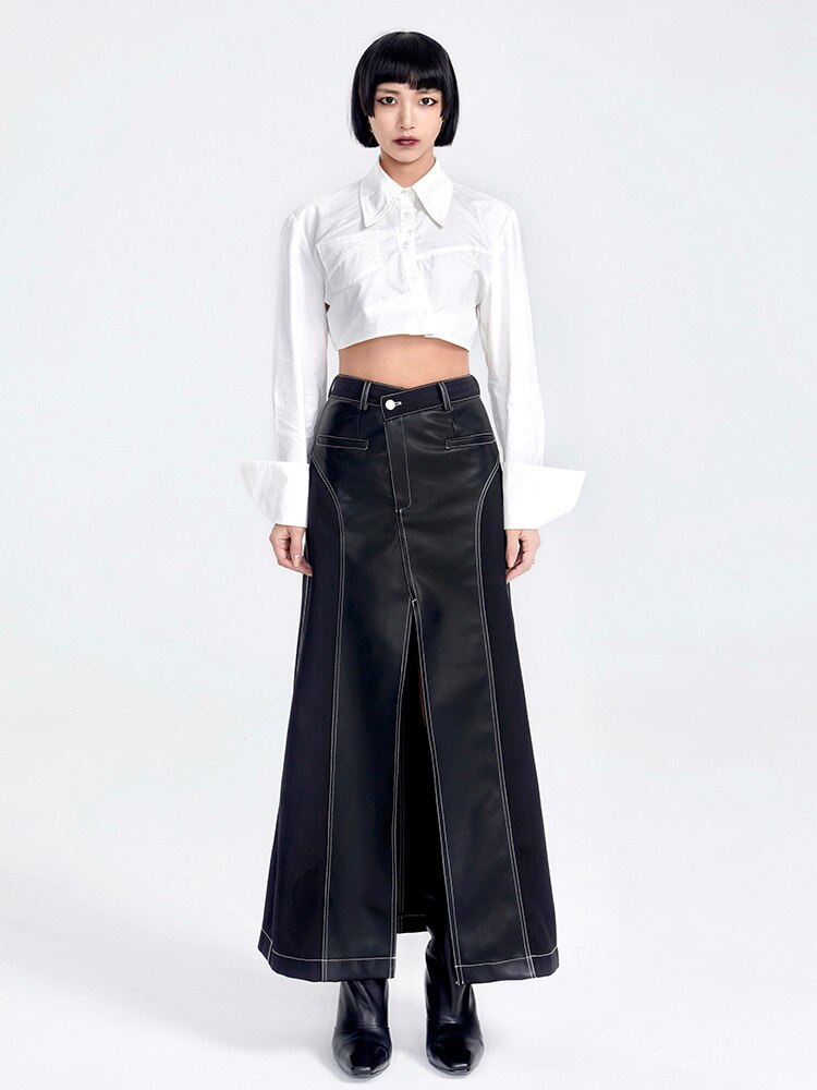 High Waist Leather Long Skirt - Black