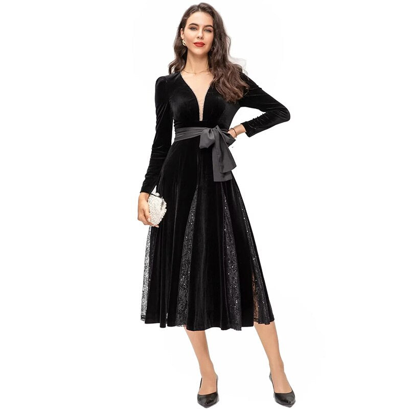 Long sleeve Velvet Dresses - Black