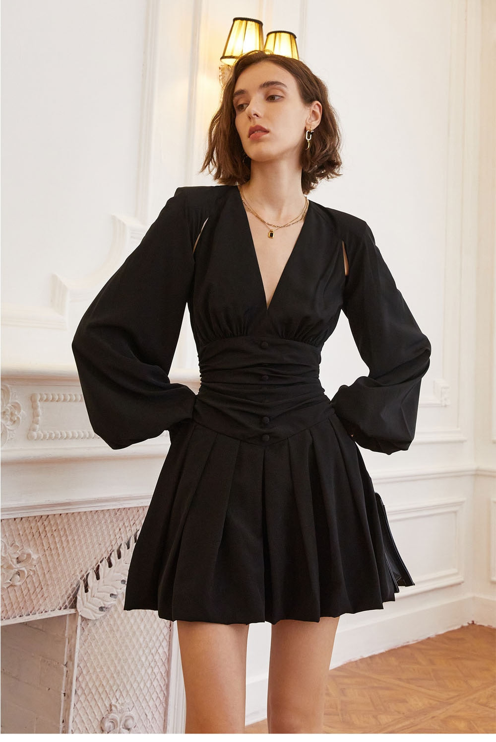 Puff Sleeve Short Dress - Black