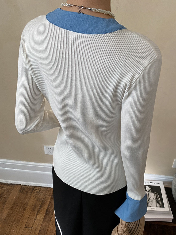 Cardigan Sweater - White - Blue